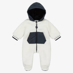 Lapin House-Boys Ivory & Navy Blue Teddy Fleece Pramsuit | Childrensalon