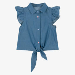 Girls Blue Chambray Tie Front Blouse