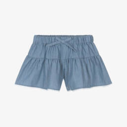 Girls Blue Cotton Chambray Shorts with Lace Trim