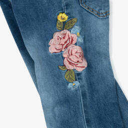 Lapin House-Girls Blue Denim Jeans with Embroidered Roses | Childrensalon