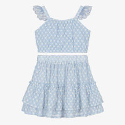Lapin House-Girls Blue Embroidered Cotton Skirt Set | Childrensalon