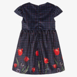 Lapin House-Girls Blue Velvet Houndstooth Dress | Childrensalon