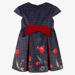 Lapin House-Girls Blue Velvet Houndstooth Dress | Childrensalon