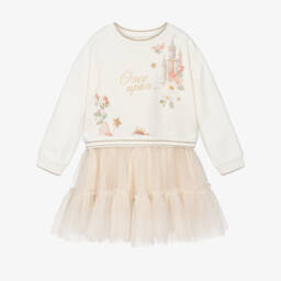 Lapin House-Girls Ivory Jersey & Glittery Gold Tulle Dress | Childrensalon