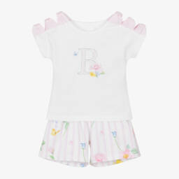 Lapin House-Girls Ivory & Pink Logo Floral Top & Shorts Set | Childrensalon