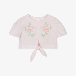 Girls Pale Pink Floral Embroidered Linen Blouse