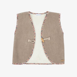 Laranjinha-Girls Beige Corduroy Waistcoat with Floral Trim | Childrensalon