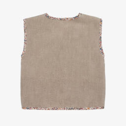 Laranjinha-Girls Beige Corduroy Waistcoat with Floral Trim | Childrensalon