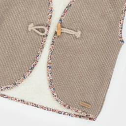 Laranjinha-Girls Beige Corduroy Waistcoat with Floral Trim | Childrensalon