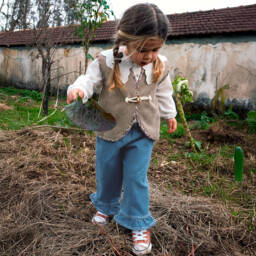 Laranjinha-Girls Beige Corduroy Waistcoat with Floral Trim | Childrensalon