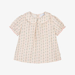 Girls Beige Floral Print Cotton Seersucker Blouse