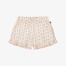 Girls Beige Floral Print Cotton Seersucker Shorts