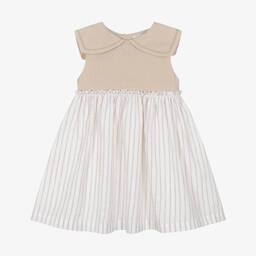 Laranjinha-Girls White & Beige Striped Dress | Childrensalon