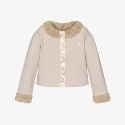 Girls Beige Ribbed Cardigan with Faux Fur Trims