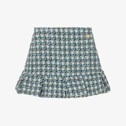 Girls Blue & Ivory Tweed Skirt with Gold Heart Logo Charm