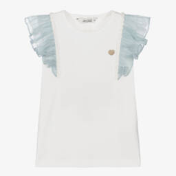 Girls Ivory Organic Cotton T-Shirt with Aqua Blue Ruffles
