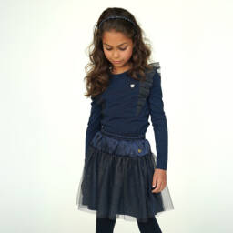 Le Chic-Girls Navy Blue Satin & Glittery Tulle Skirt | Childrensalon