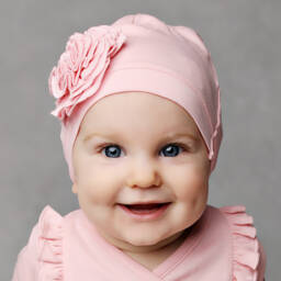 Lemon Loves Layette-Baby Girls Pink Ruffled Rosette Pima Cotton Hat | Childrensalon