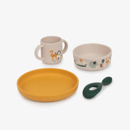 Liewood-Beige Animal Print Silicone Tableware Set (4 pieces) | Childrensalon