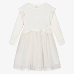 Lili Gaufrette-Girls Ivory Cotton Rib Knit & Pleated Tulle Dress   | Childrensalon
