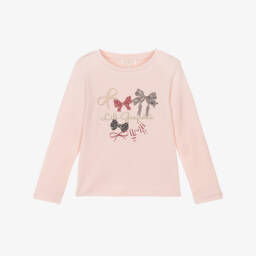 Lili Gaufrette-Girls Pale Pink Cotton Top with Logo & Bows | Childrensalon