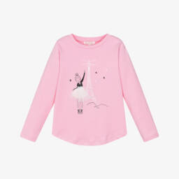 Lili Gaufrette-Girls Pink Cotton Top with Girl & Eiffel Tower | Childrensalon
