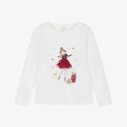 Lili Gaufrette-White Cotton Top with Festive Girl Motif | Childrensalon