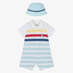 Little Me-Baby Boys Blue Striped Cotton Shortie Set | Childrensalon