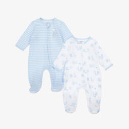 Комбинезоны голубой и белый из хлопка с мишками для мальчиков (2шт)