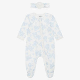 Girls White & Blue Roses Cotton Babysuit Set