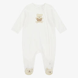 Little Me-Ivory Cotton Pointelle Teddy Bear Babygrow | Childrensalon
