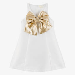 Mama Luma-Платье кремовое атласное с золотым бантом для девочек  | Childrensalon