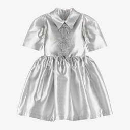 Girls Metallic Silver Satin Dress with Glittery Bows