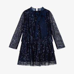 Mama Luma-Girls Navy Blue Tiered Sequin Dress | Childrensalon