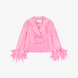 Girls Pink Satin Twill Blazer with Feather Trim