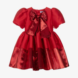 Mama Luma-Girls Red Pleated Twill Dress with Metallic Bow | Childrensalon