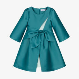 Mama Luma-Girls Teal Blue Satin Twill Bow Dress | Childrensalon