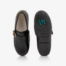 Manuela de Juan-Boys Black Leather Loafers with Gold Buckle | Childrensalon