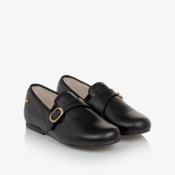 Manuela de Juan-Boys Black Leather Loafers with Gold Buckle | Childrensalon