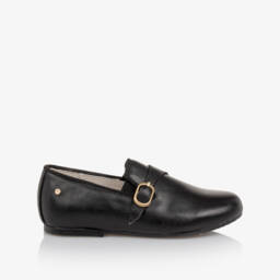 Manuela de Juan-Boys Black Leather Loafers with Gold Buckle | Childrensalon