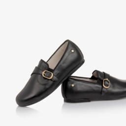 Manuela de Juan-Boys Black Leather Loafers with Gold Buckle | Childrensalon