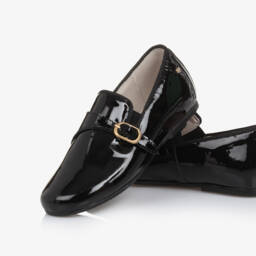 Manuela de Juan-Boys Black Patent Leather Shoes with Gold Buckle | Childrensalon