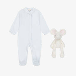 Marie-Chantal-Pale Blue Velour Angel Babygrow & Toy Mouse Gift Set | Childrensalon