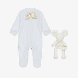 Marie-Chantal-Pale Blue Velour Angel Babygrow & Toy Mouse Gift Set | Childrensalon