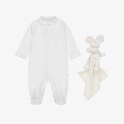 Marie-Chantal-Pale Blue Velour Babygrow & Comforter Gift Set | Childrensalon