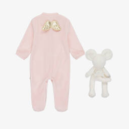 Marie-Chantal-Pale Pink Velour Angel Babygrow & Toy Mouse Gift Set | Childrensalon