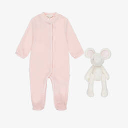 Marie-Chantal-Pale Pink Velour Angel Babygrow & Toy Mouse Gift Set | Childrensalon