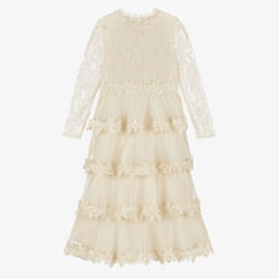 Marlo Kids-فستان ماكسي بطبقات وكسرات لون عاجي | Childrensalon