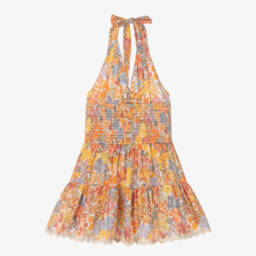Marlo Kids-Girls Orange Cotton Floral Halterneck Dress with Ric Rac Trim | Childrensalon