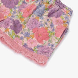 Marlo Kids-Girls Pink Floral Towelling Shorts with Fringing | Childrensalon
